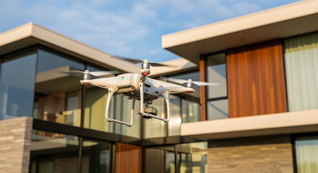 A white quadcopter drone hovers in mid-air with a modern luxury home in the blurred background. The image represents the intersection of residential real estate and modern surveillance technology.の素材