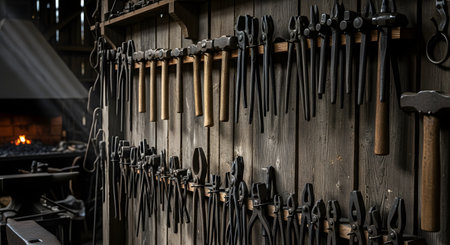 A rustic workshop wall organized with various blacksmithing tools, including rows of hammers and tongs. In the background, a forge glows warmly, highlighting the traditional craftsmanship and industrial atmosphere of the metalworking shop.の素材