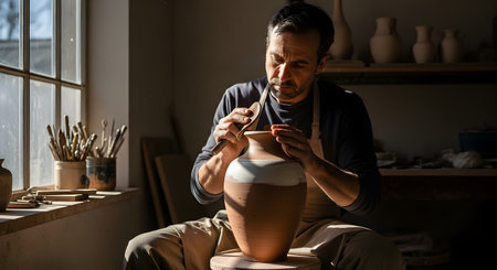 A skilled male potter shapes a clay vessel on a spinning wheel in a sunlit workshop. Dust motes dance in the light as he uses a tool to smooth the surface, capturing the essence of traditional craftsmanship.の素材