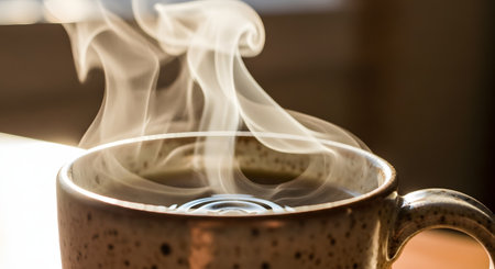 A close-up shot of a speckled ceramic mug filled with hot coffee, with swirls of steam rising gracefully into the air. Backlit by warm light, the image captures the comforting and energizing atmosphere of a morning coffee break.の素材