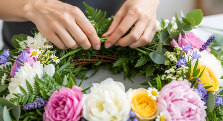A pair of hands carefully arranges fresh flowers and greenery into a decorative wreath on a workbench. The composition includes pink roses, white peonies, and small blue flowers, showcasing the art of floristry and floral design.の素材