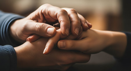 A close-up view of two pairs of hands gently holding each other, symbolizing support, care, and deep emotional connection. This image conveys themes of empathy, reassurance, and human bonding.の素材