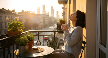 A young woman stands on an apartment balcony, enjoying a cup of coffee with her eyes closed against the warm glow of the sunrise. The background features a blurred city skyline and potted plants, evoking a peaceful start to the day in an urban setting.の素材