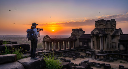 A female traveler with a backpack and hat stands on ancient ruins, photographing a stunning sunrise over a historic temple complex. The golden sun illuminates the intricate stone architecture and the misty landscape below. This image captures the spirit of adventure and travel photography in Southeast Asia.の素材