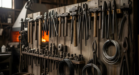 A collection of blacksmith tools, including tongs, hammers, and pliers, hangs neatly on a wooden wall in a workshop. A glowing forge is visible in the blurred background, highlighting traditional metalworking craftsmanship.の素材