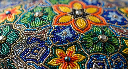 An intricate macro shot displays a vibrant floral pattern created with thousands of tiny, colorful glass beads. The detailed craftsmanship creates geometric flower shapes in red, yellow, green, and blue against a dark background. This image highlights the texture and artistry of traditional beadwork.の素材