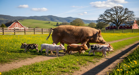 A mother pig leads a line of piglets walking along a dirt path on a green farm. In the background, a classic red barn stands amidst rolling hills under a blue sky. The scene depicts a charming and sunny day in the countryside with farm animals.の素材