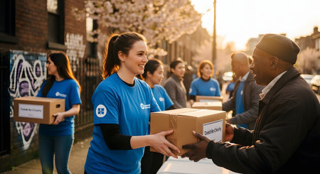A group of smiling volunteers wearing blue t-shirts passes cardboard donation boxes down a line on a city street. The scene depicts community support and teamwork during a food drive or relief effort.の素材