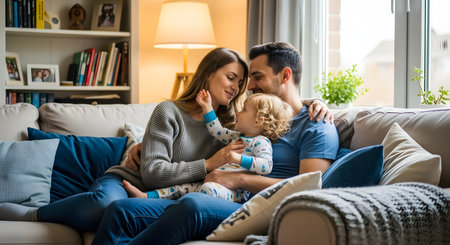 A happy family consisting of a mother, father, and toddler son cuddles together on a comfortable sofa in a bright living room. They are smiling and interacting affectionately, enjoying quality time at home.の素材