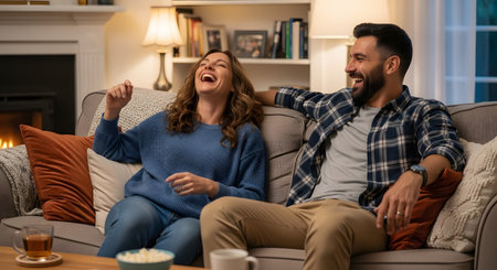 A cheerful couple laughs heartily while sitting on a sofa in a cozy living room. They seem to be engaged in a fun conversation or watching a comedy on TV. The warm lighting and genuine expressions highlight their happiness and strong connection.の素材