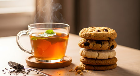 A glass cup of hot herbal tea garnished with fresh mint leaves sits next to a stack of assorted cookies on a wooden table. Steam rises from the golden liquid, illuminated by soft natural light coming from a window, evoking a cozy snack time.の素材