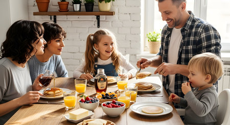 A happy multi-generational family enjoys a delicious pancake breakfast together in a bright, modern kitchen. The father serves syrup while the mother, children, and other family members smile and converse at the dining table. This scene captures the warmth of family bonding and shared meals at home.の素材