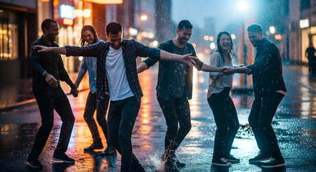 A group of joyful friends holding hands and dancing spontaneously in the rain on a city street at night. The scene captures the energy of youth, freedom, and happiness amidst city lights and wet pavement.の素材
