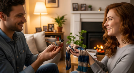 A happy young couple exchanges heartfelt gifts in a cozy living room illuminated by a warm fireplace. The man holds a decorative bird ornament while the woman receives a pair of knitted socks, capturing a moment of intimacy and holiday joy.の素材