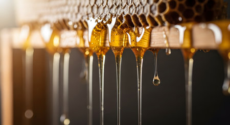 A macro close-up of golden honey dripping slowly from the cells of a beeswax honeycomb. The image captures the sticky texture and organic sweetness of the natural product.の素材