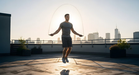 An athletic man is skipping rope on a rooftop terrace during sunset, with a city skyline in the background. The image depicts an intense cardio workout, fitness dedication, and urban lifestyle.の素材