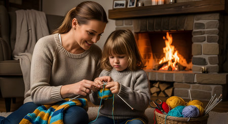A smiling mother teaches her young daughter how to knit while sitting on a rug in front of a cozy fireplace. The warm glow of the fire illuminates the comfortable living room, highlighting a moment of family bonding and shared learning.の素材