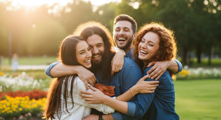 A group of four happy friends, two men and two women, share a tight group hug and laugh together in a sunny park. Backlit by the golden hour sun, the image radiates joy, friendship, and strong social connections.の素材