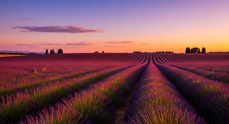 A breathtaking landscape of a blooming lavender field at sunset, with perfectly aligned purple rows leading toward the horizon. The sky is painted in warm hues of orange and pink, creating a serene and romantic atmosphere.の素材