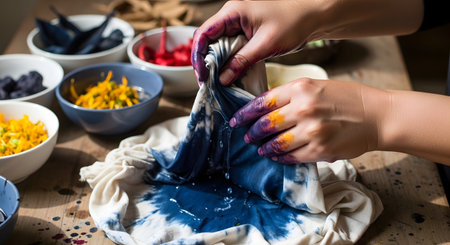 Close-up of hands wringing out a piece of fabric dyed with indigo blue on a wooden table. Bowls containing various natural pigments like turmeric and berries are visible in the background, depicting the process of traditional textile dyeing.の素材