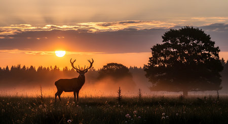 A majestic red deer stag with impressive antlers stands alert in a grassy meadow during a breathtaking sunrise. The scene is filled with golden morning mist, silhouetted against a vibrant orange sky with a large tree framing the composition.の素材