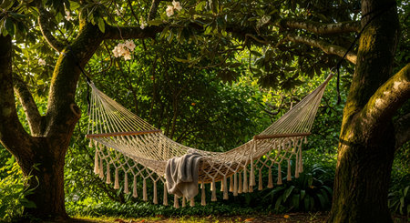 A beige macrame hammock hangs securely between two large trees in a lush green garden. Sunlight filters through the leaves, creating an inviting spot for outdoor relaxation, naps, and enjoying nature's tranquility.の素材