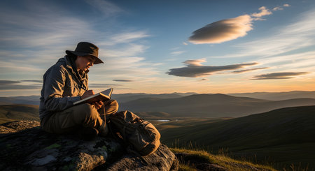 A female hiker sits on a rocky mountain peak at sunset, writing thoughts in a journal. The golden hour light illuminates the vast scenic landscape of rolling hills and sky behind her, evoking a sense of adventure and reflection.の素材