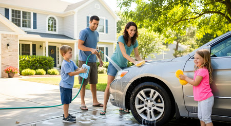 A happy family of four washes their silver car together in the driveway of their suburban home on a sunny day. The parents and children are smiling and using hoses and sponges, turning a chore into a fun bonding activity.の素材