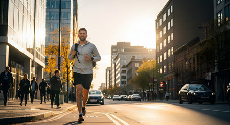 A fit man runs down a city street at sunset, wearing athletic gear and a backpack. The golden hour light illuminates the urban architecture and the runner, creating a dynamic and energetic scene. This image represents an active lifestyle, commuting, or training in an urban environment.の素材