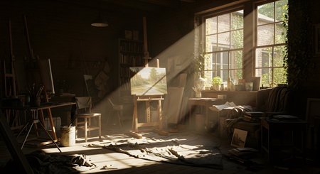Sunlight beams stream through a large window into a rustic artist's studio, illuminating an easel with a painting and scattered art supplies. The atmospheric room creates a sense of creative inspiration and artistic solitude.の素材