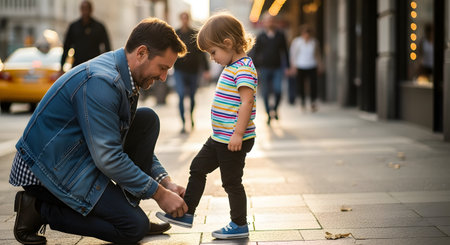 A father kneels on a city sidewalk to tie the shoelace of his young daughter's sneaker. The child stands patiently while pedestrians and yellow taxis blur in the background, depicting a caring parenting moment in an urban environment.の素材