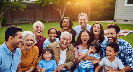 A large, diverse multigenerational family poses together on a green lawn, laughing and smiling at the camera. The group includes grandparents, parents, and children, showcasing joy, unity, and family bonding on a sunny day.の素材