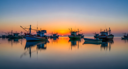 A fleet of colorful fishing boats is anchored in a calm sea against a vibrant sunset sky. The smooth water reflects the boats and the warm orange and purple hues of the horizon, creating a serene and picturesque maritime landscape.の素材