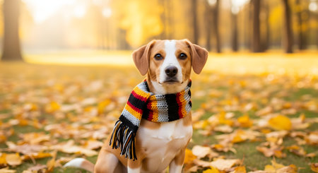 A cute beagle dog sits obediently in a park covered with fallen yellow leaves, wearing a striped knit scarf. The blurred background features autumn trees bathed in soft golden sunlight, highlighting the seasonal theme.の素材