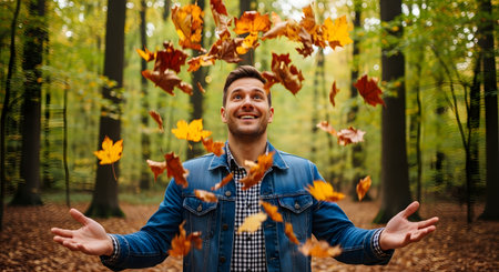 A joyful young man in a denim jacket throws a handful of golden autumn leaves into the air while standing in a forest. His smiling face and the falling leaves capture the playful spirit and beauty of the fall season.の素材