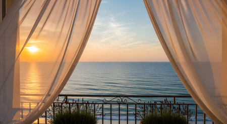 A breathtaking view of a golden sunrise over a calm ocean, framed by gently blowing sheer white curtains on a balcony. Lavender plants line the railing, enhancing the sense of peace, luxury, and relaxation in this perfect vacation setting.の素材