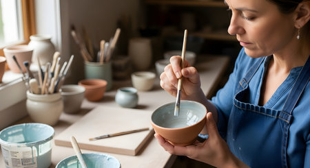 A female artist paints the inside of a clay bowl with a brush in a pottery workshop. She is focused on applying glaze, surrounded by other ceramic pieces and tools near a window.の素材