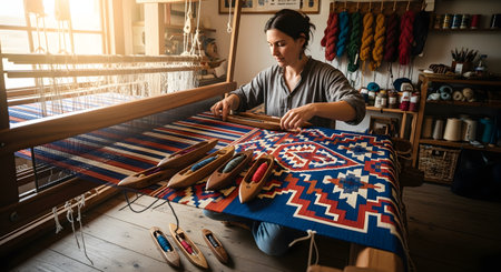 A skilled female artisan sits at a wooden loom, weaving a colorful geometric patterned rug. The workshop is filled with spools of yarn, showcasing the traditional craft of textile making and handwoven artistry.の素材
