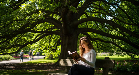 A young woman sitting peacefully on a wooden park bench under the shade of a large, spreading tree, reading a book. Sunlight filters through the leaves, creating a relaxing and intellectual atmosphere in nature.の素材