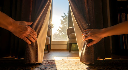 A person's hands pulling open curtains to reveal a bright and sunny morning outside the window. Dust motes dance in the sunbeams, evoking feelings of a fresh start, hope, and waking up to a beautiful new day.の素材