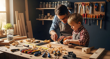 A father and his young son work together at a wooden workbench, with the dad guiding the boy's hand on a block plane. The wall behind them is organized with various tools, capturing a heartwarming moment of father-son bonding and learning.の素材