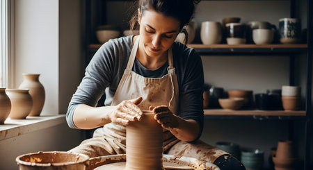 A skilled artisan shapes a clay pot on a spinning pottery wheel, her hands covered in wet mud as she focuses on her craft. The pottery studio background is lined with shelves of finished ceramic vessels and tools.の素材