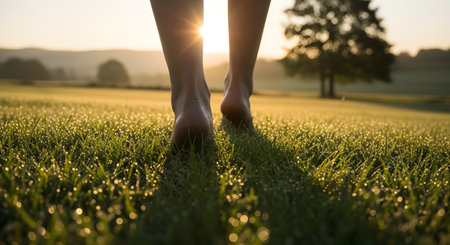 A low-angle view of bare feet walking on lush green grass covered in morning dew, with the sun rising in the background. The warm sunlight creates a serene and grounding atmosphere, symbolizing connection with nature.の素材