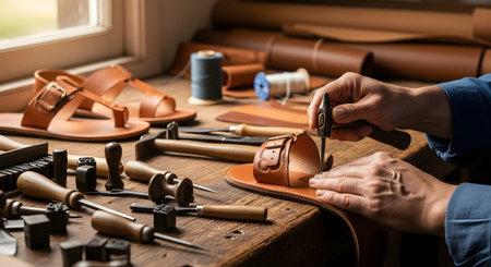 Close-up of a craftsman's hands working on a leather sandal using a hand tool at a workbench. The table is cluttered with various leatherworking tools, hammers, and rolls of leather material. The image captures the detail and skill involved in handmade shoemaking.の素材