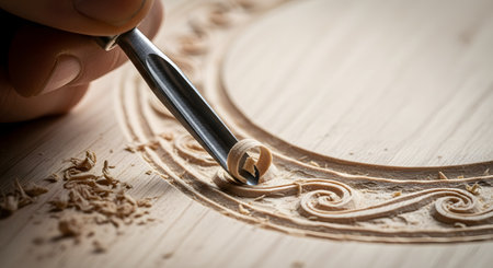 A close-up view of a wood carving tool cutting an intricate curved pattern into a piece of light wood. Wood shavings are scattered around the detailed work, showcasing the precision of the carpentry art.の素材