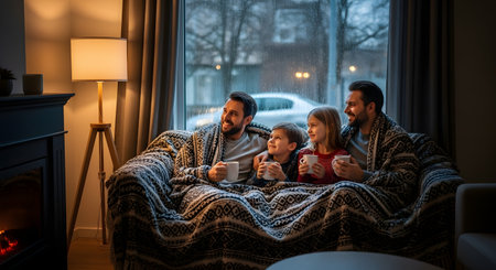 A happy family of four cuddles under a warm blanket on a sofa, drinking hot cocoa while watching the rain through a large living room window. A fireplace glows nearby, enhancing the cozy and comfortable winter atmosphere.の素材