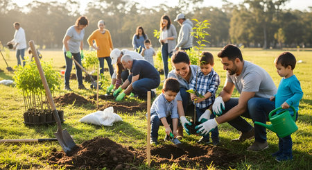 A diverse group of adults and children work together to plant young trees in a sunny park. The scene captures community spirit, environmental stewardship, and teaching the next generation about nature conservation.の素材