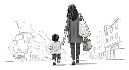 A black and white pencil sketch illustration showing the back view of a mother holding hands with her young son while walking down a city street. The woman carries a tote bag, and the scene implies a daily routine like walking to school or shopping. The drawing style is realistic yet artistic, capturing a tender family moment.の素材