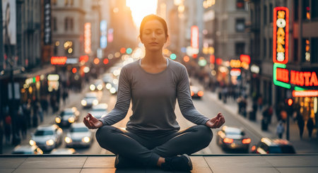 A peaceful woman sits in a lotus meditation pose with eyes closed, superimposed against a busy, blurred city street at sunset. The contrast highlights the concept of finding inner calm, mindfulness, and zen amidst the chaos of urban life.の素材