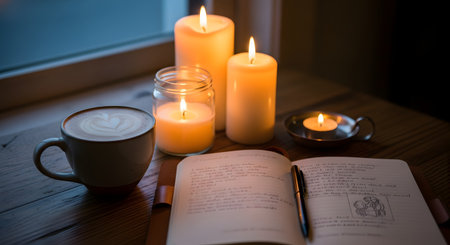 A warm and cozy evening setup features an open journal with handwritten notes, a cup of cappuccino, and glowing candles on a wooden table. The soft lighting creates a peaceful and reflective atmosphere suitable for creative writing or planning.の素材